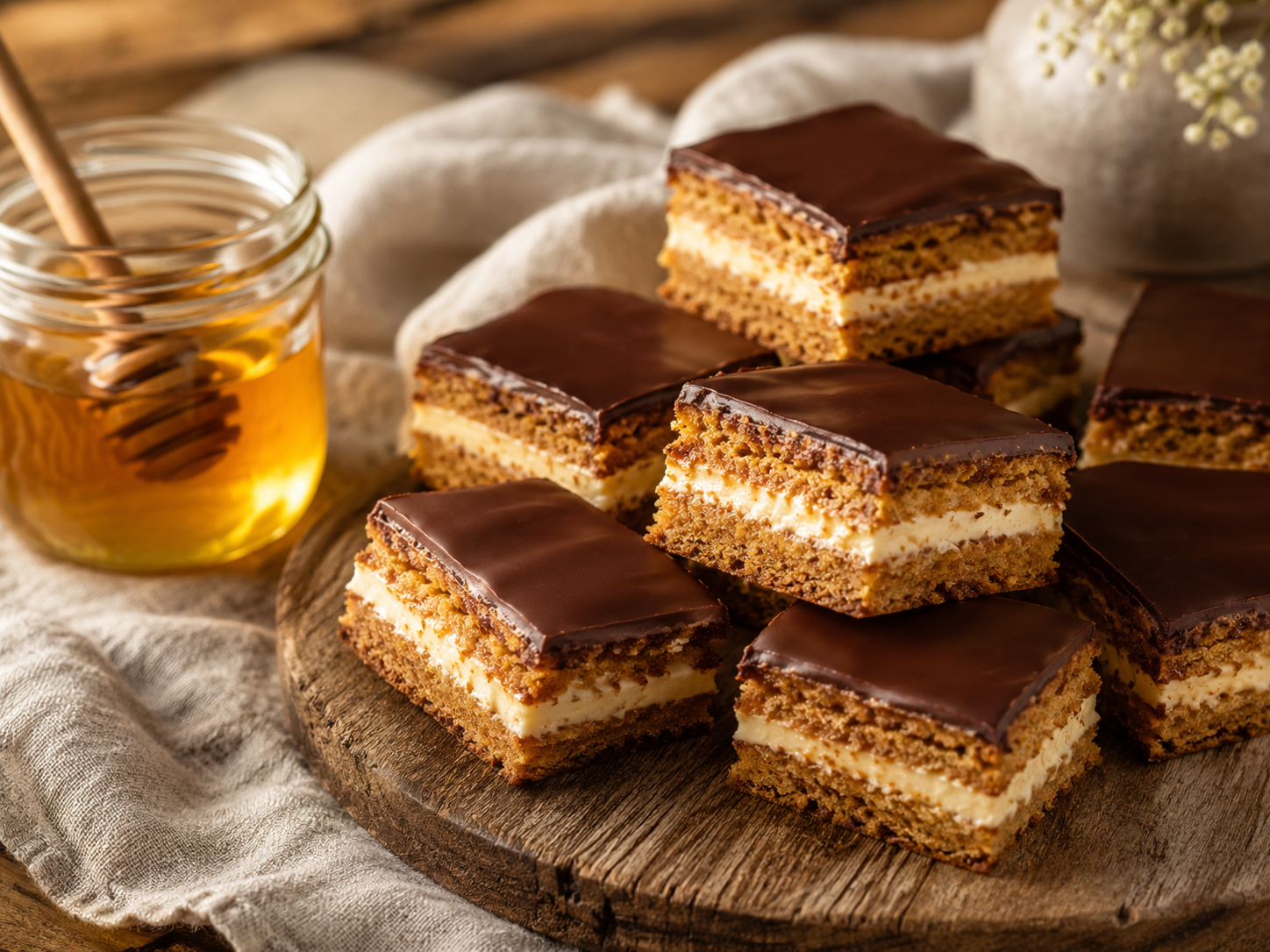 Honningsnitter med chokolade og smørcreme serveret rustikt